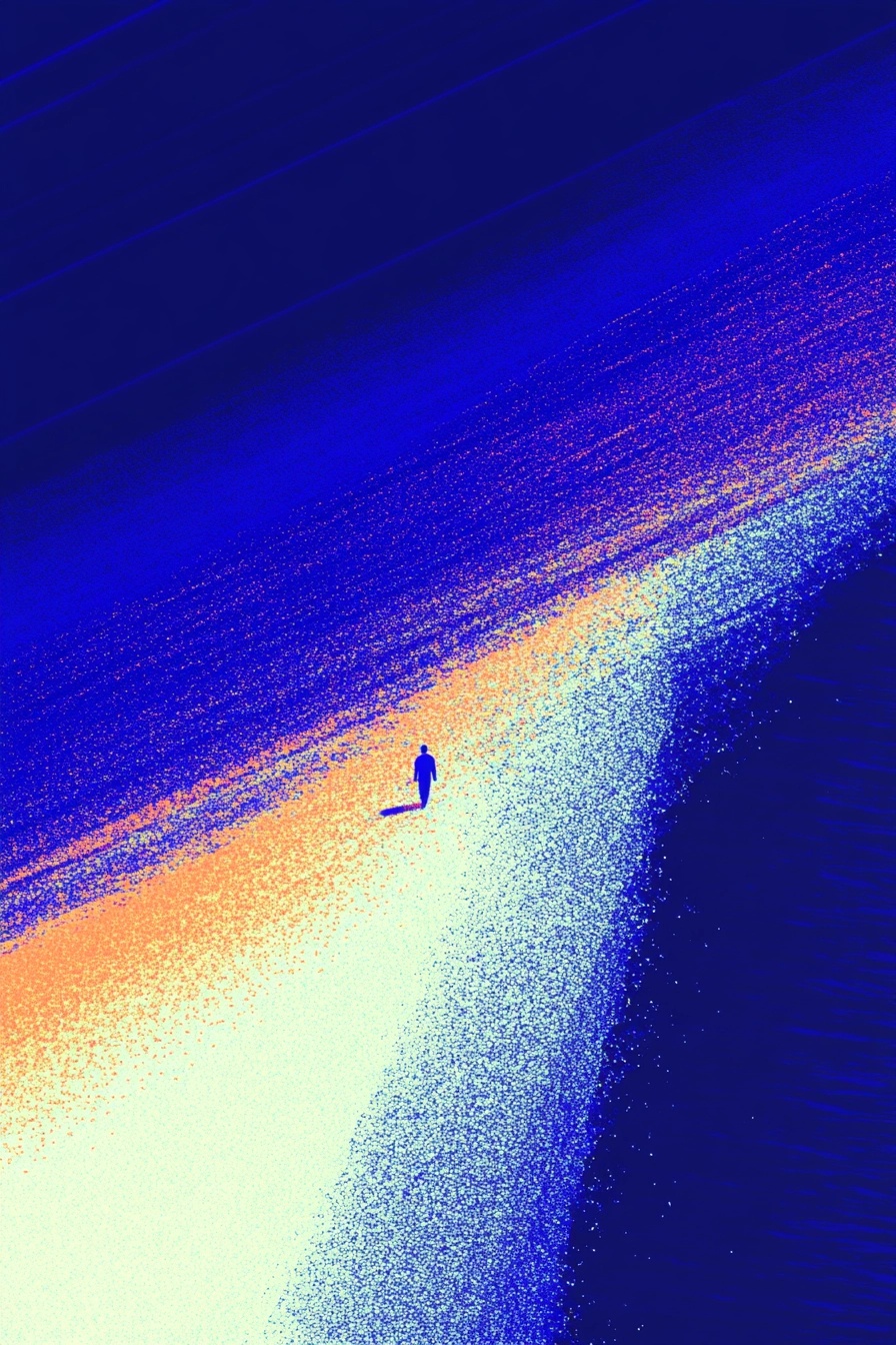 Man Walking on a White Sandy Beach at Sunset