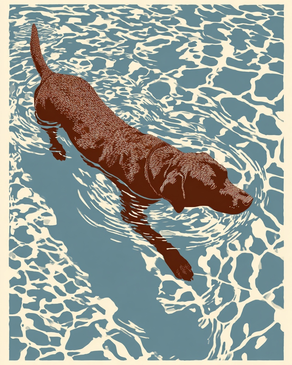 Minimalist Linocut: Brown Lab in Blue Water