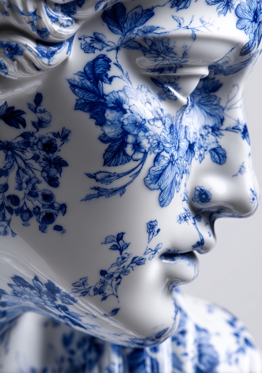 Exquisite Blue-and-White Porcelain Statue Art