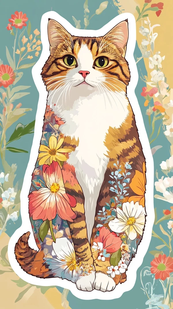 Vibrant Anime Cat Sticker: Flower Fashion Fun