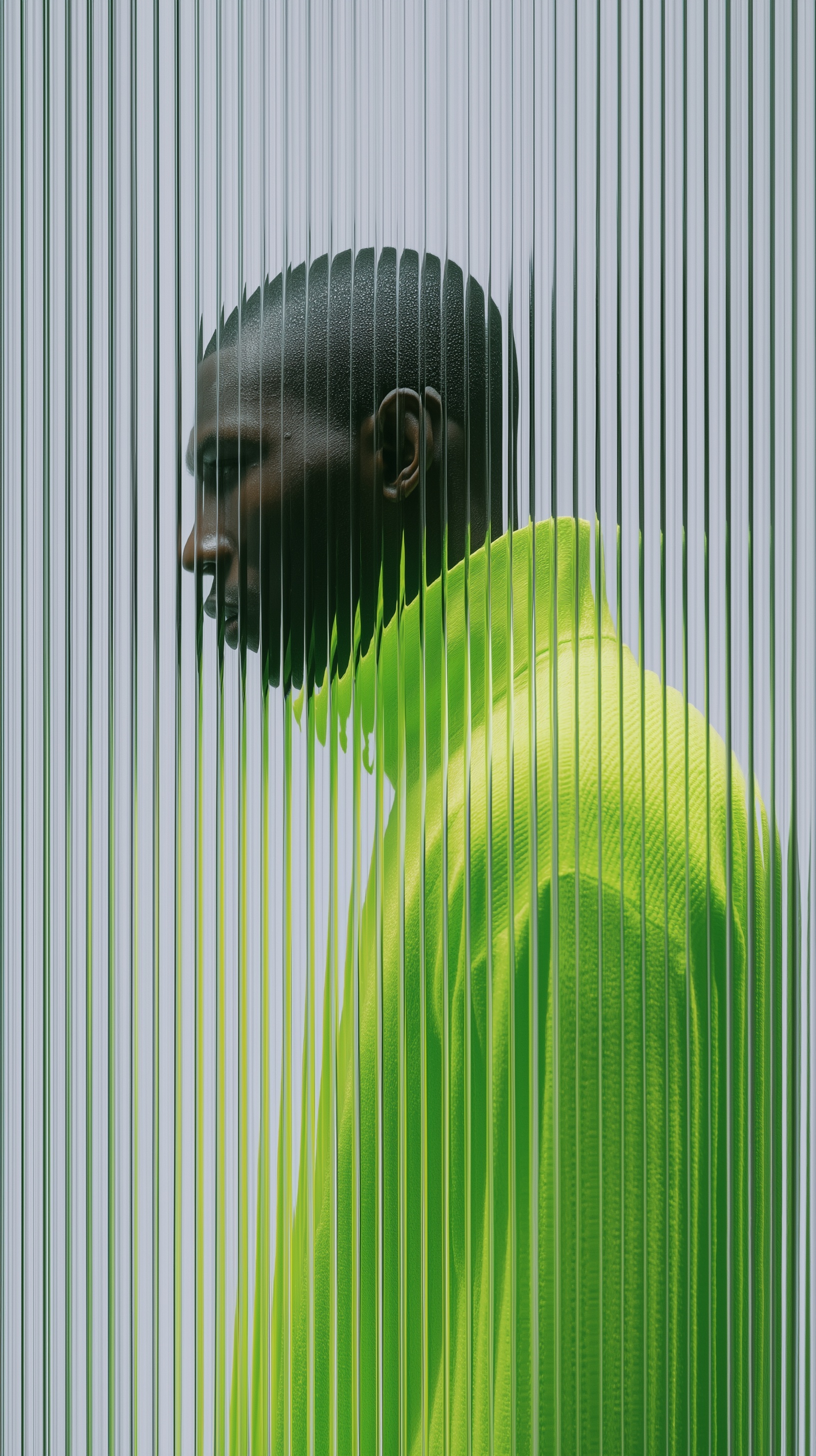 Neon Green Portrait Behind Textured Glass