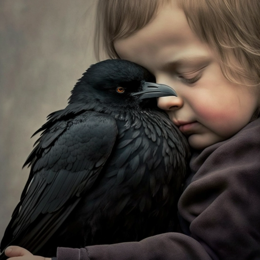 Adorable Toddler Cuddles Pet Crow