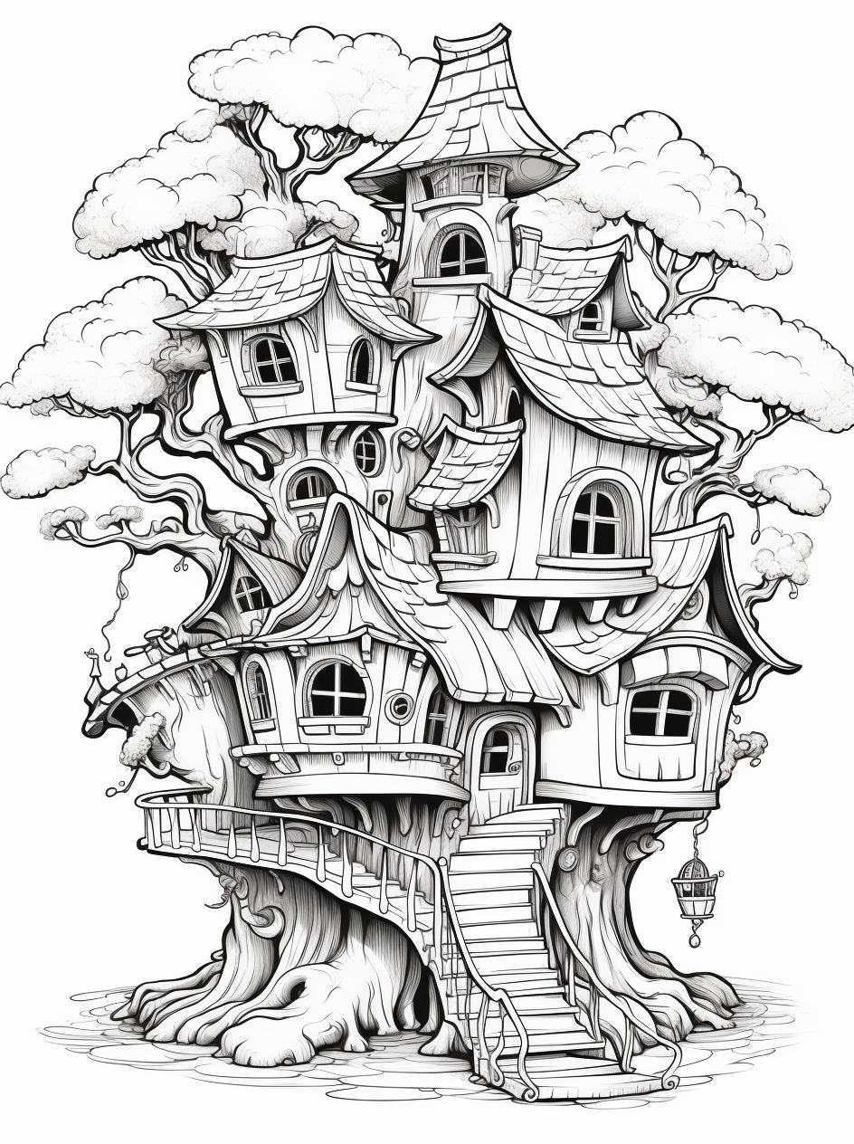 Whimsical Tree House Coloring Book: Adorable Black & White Illustrations