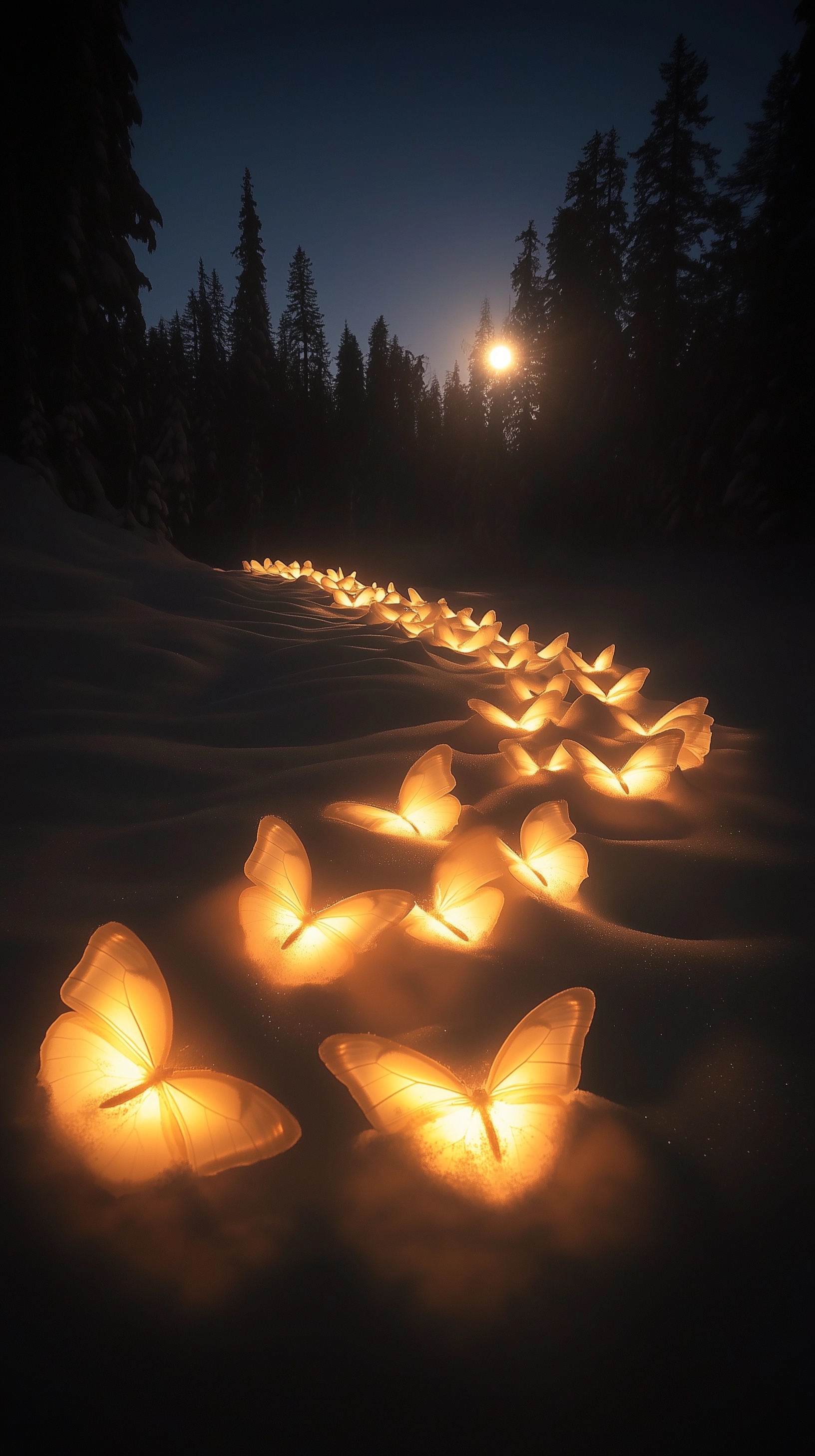 Whimsical Snow Butterflies Under Moonlight