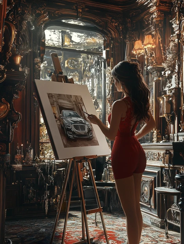 Stunning 3D Art: Woman Painting Portrait in Baroque Style