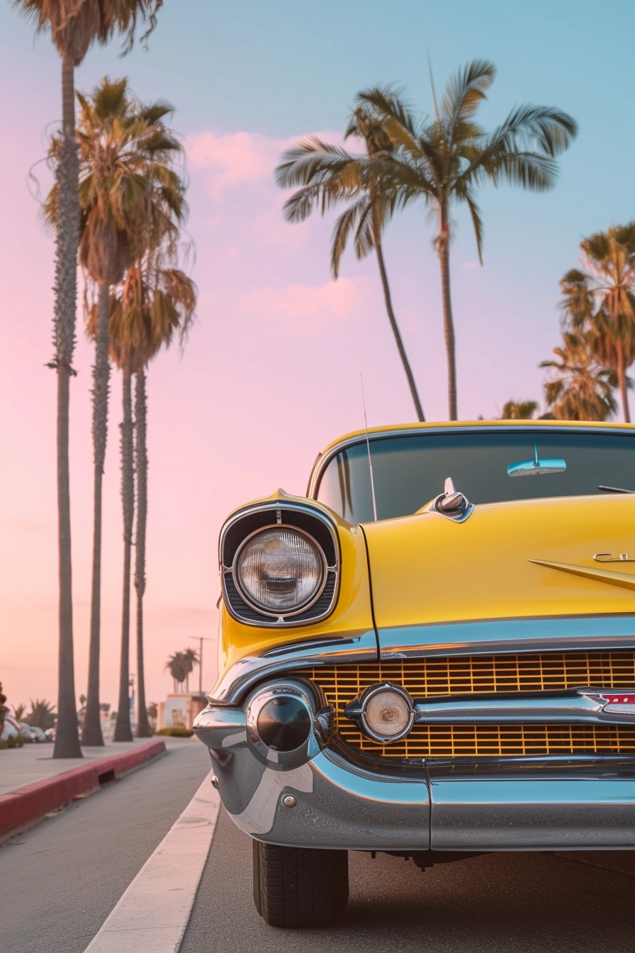 Vintage Pastel Yellow Car: Dreamy Sunset Palm Tree Escape