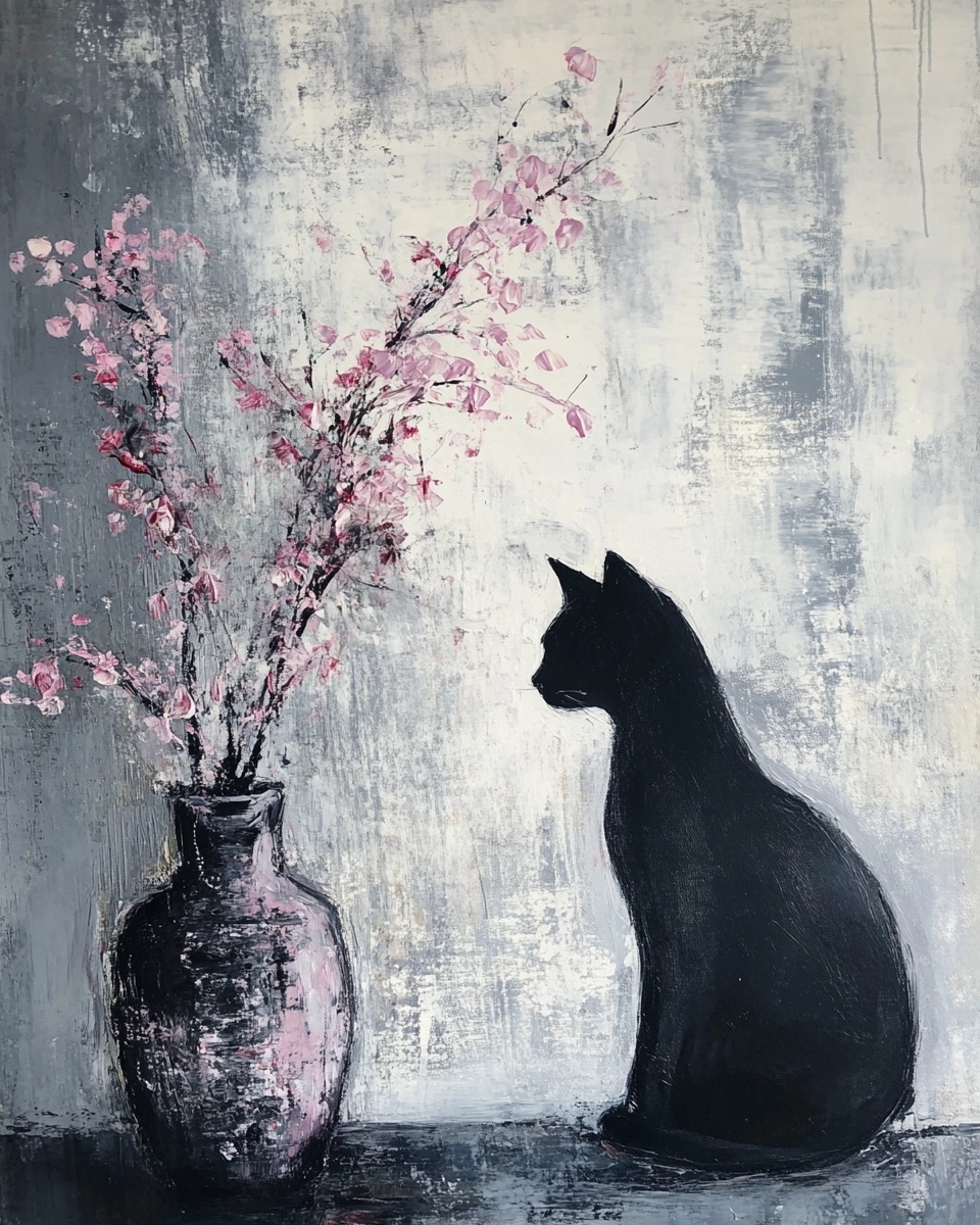 Elegant Black Cat with Pink Flowers Abstract Art