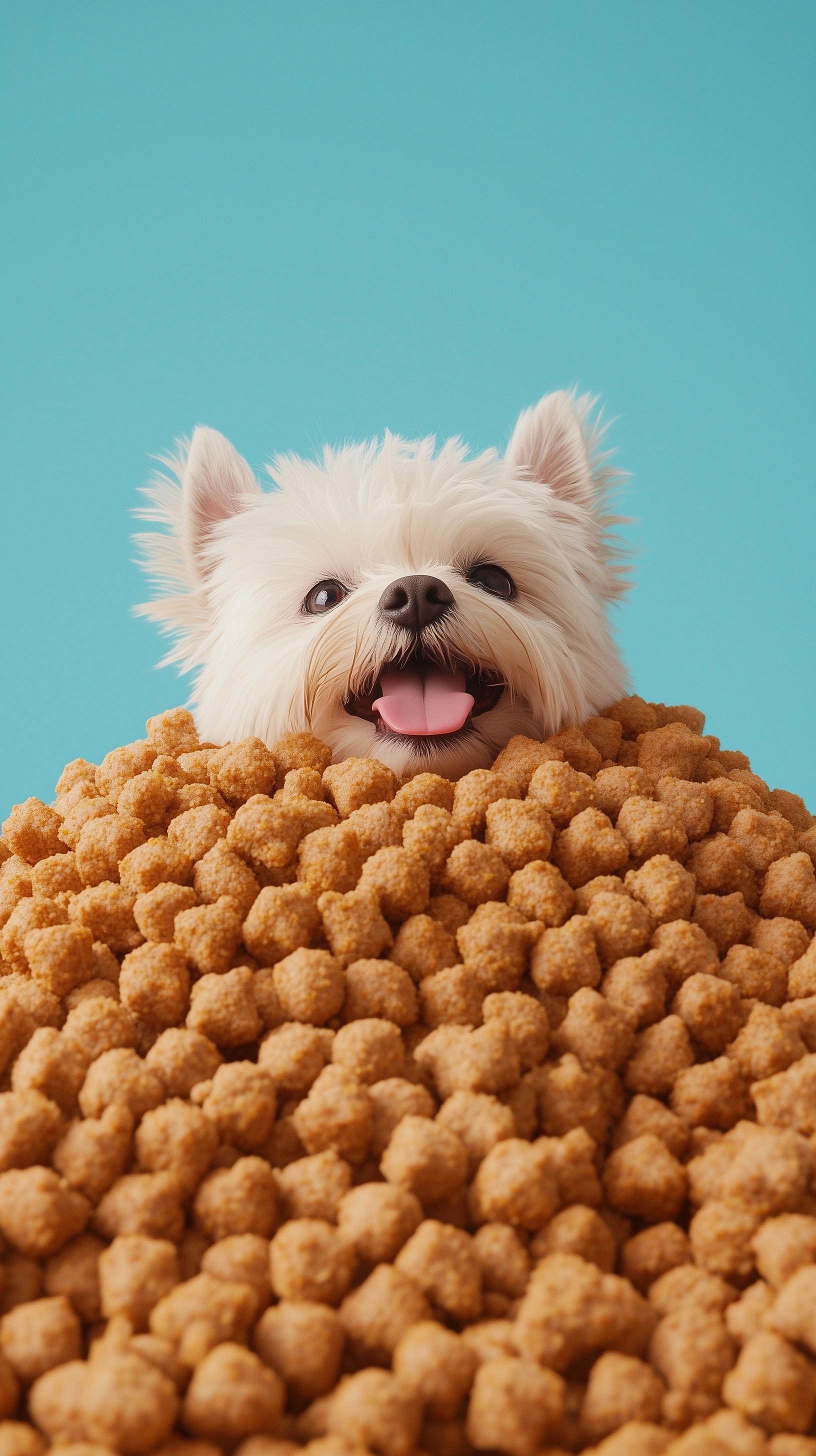 Adorable White Pup Among Mountains of Dog Food