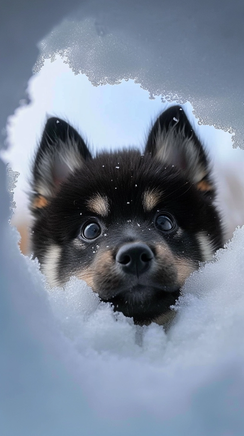 Black Shiba Puppy: Playful Peek from Snow Hole - Glass Installation Inspired