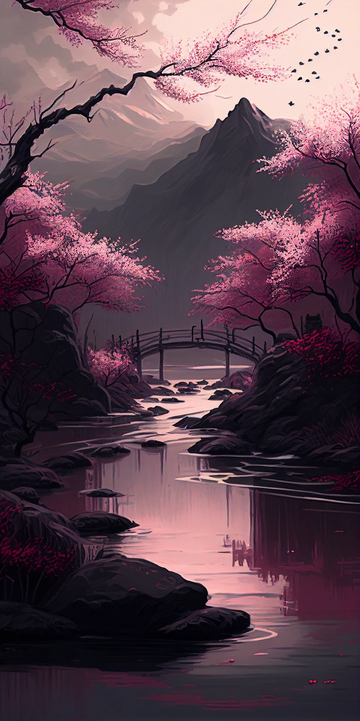 Cherry Blossom River: Oriental-inspired Matte Painting