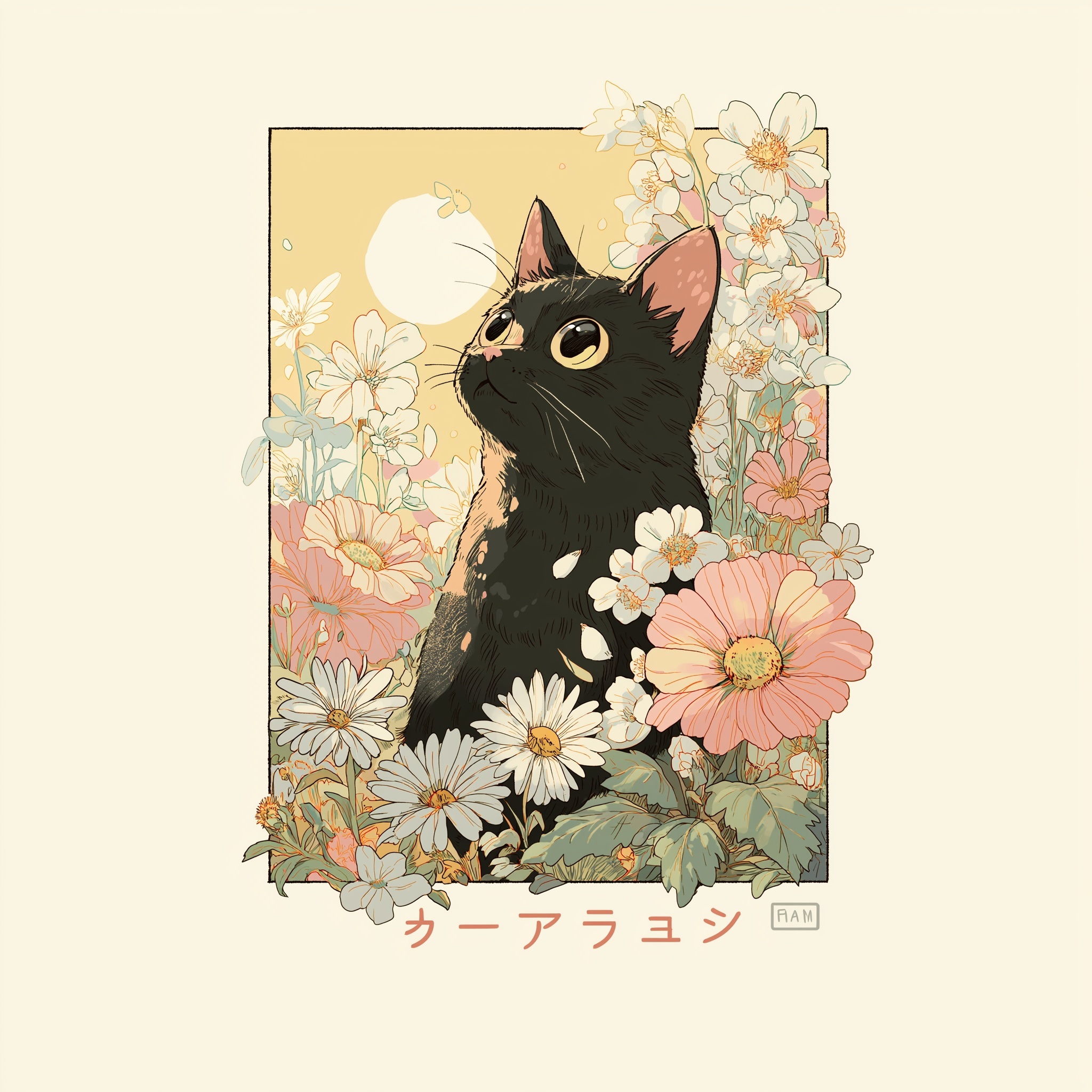 Floral Bliss: Cute Cat in Sunlight Art Print