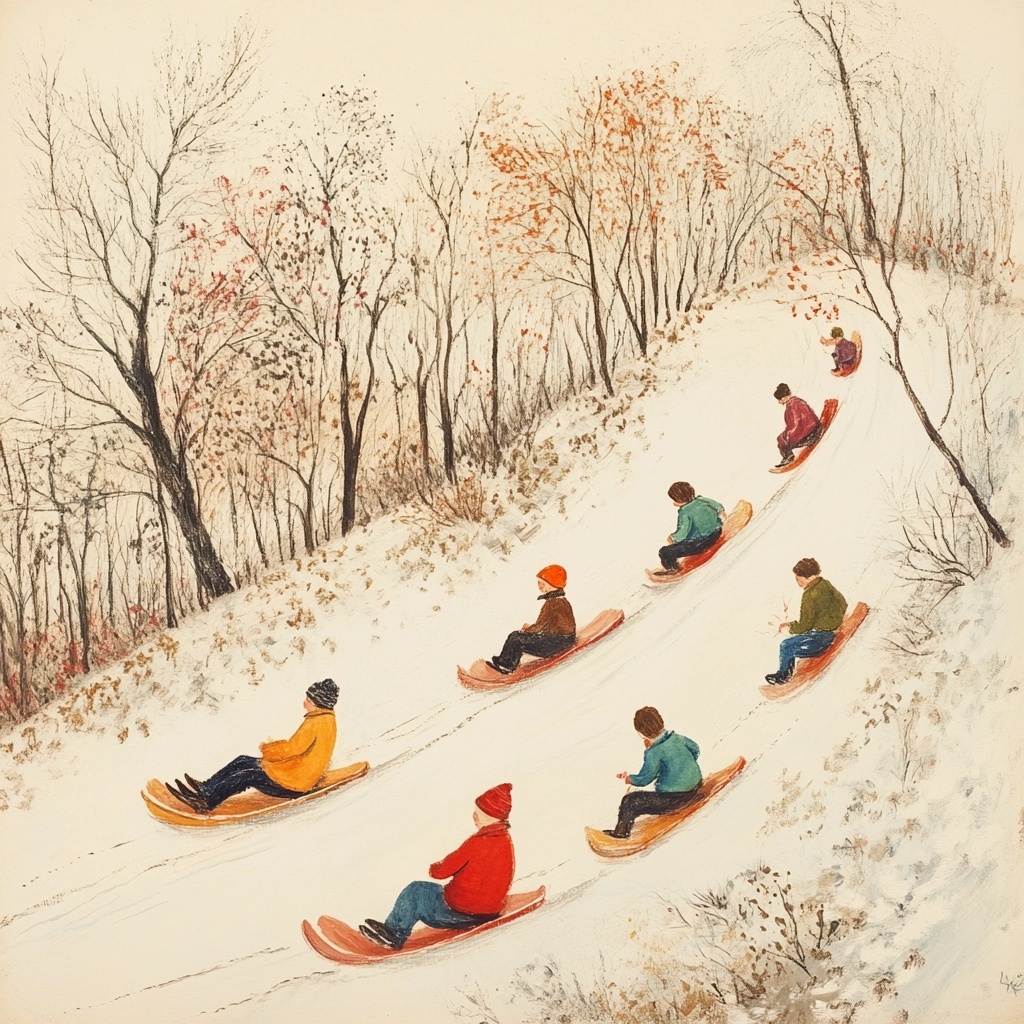 Vintage Kids Sledding: A Grandma Moses Inspired Scene