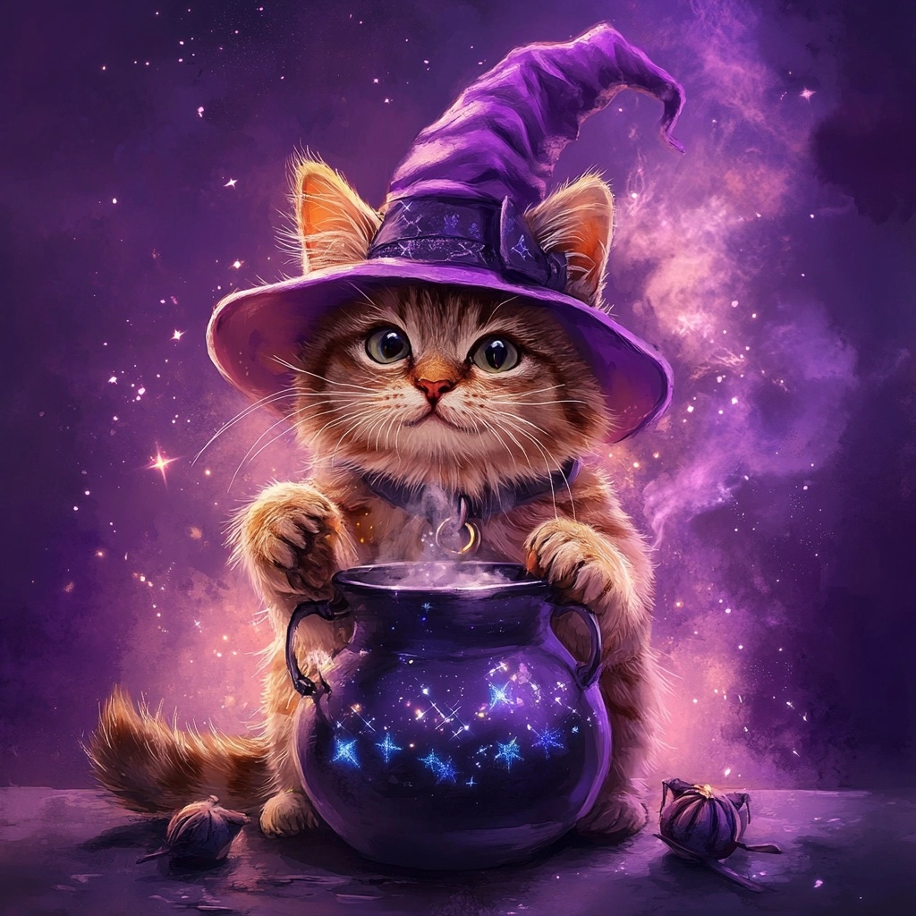 Meet the Enchanted Star Cat in a Purple Hat!