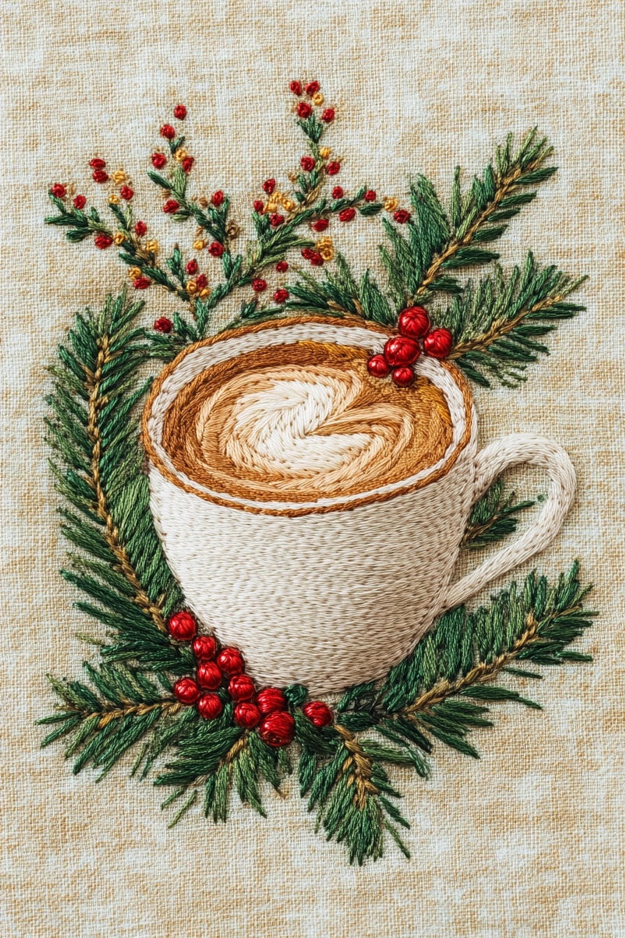 Ultra-Detailed Christmas Coffee Cup Embroidery