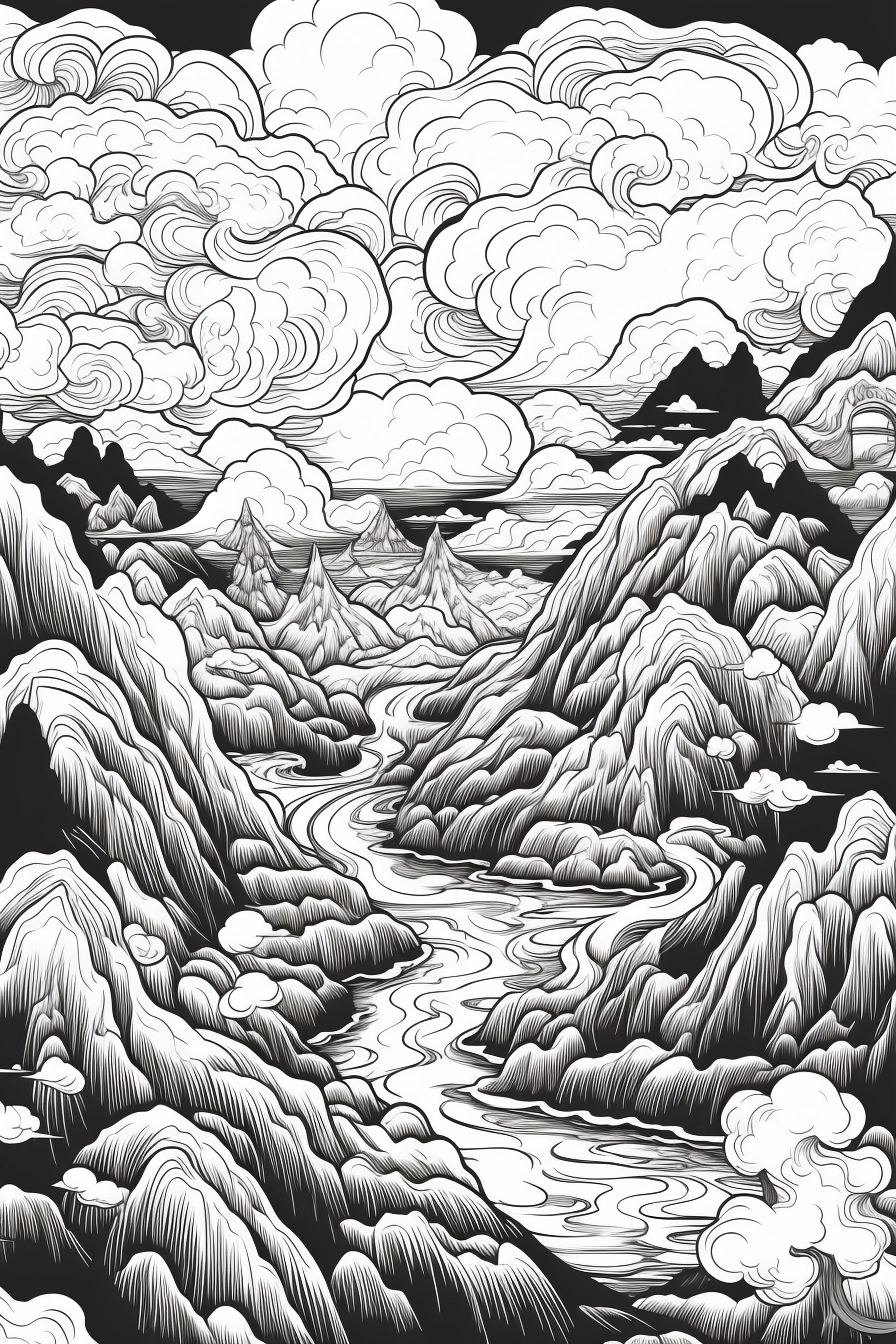 Surreal Landscape Coloring Page - Modern Cartoon Style