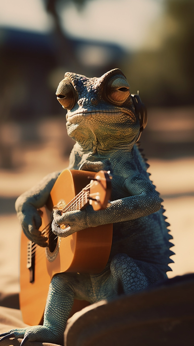 Chameleon Summer Serenade: Sunglasses, Ukulele, and Sunny Days