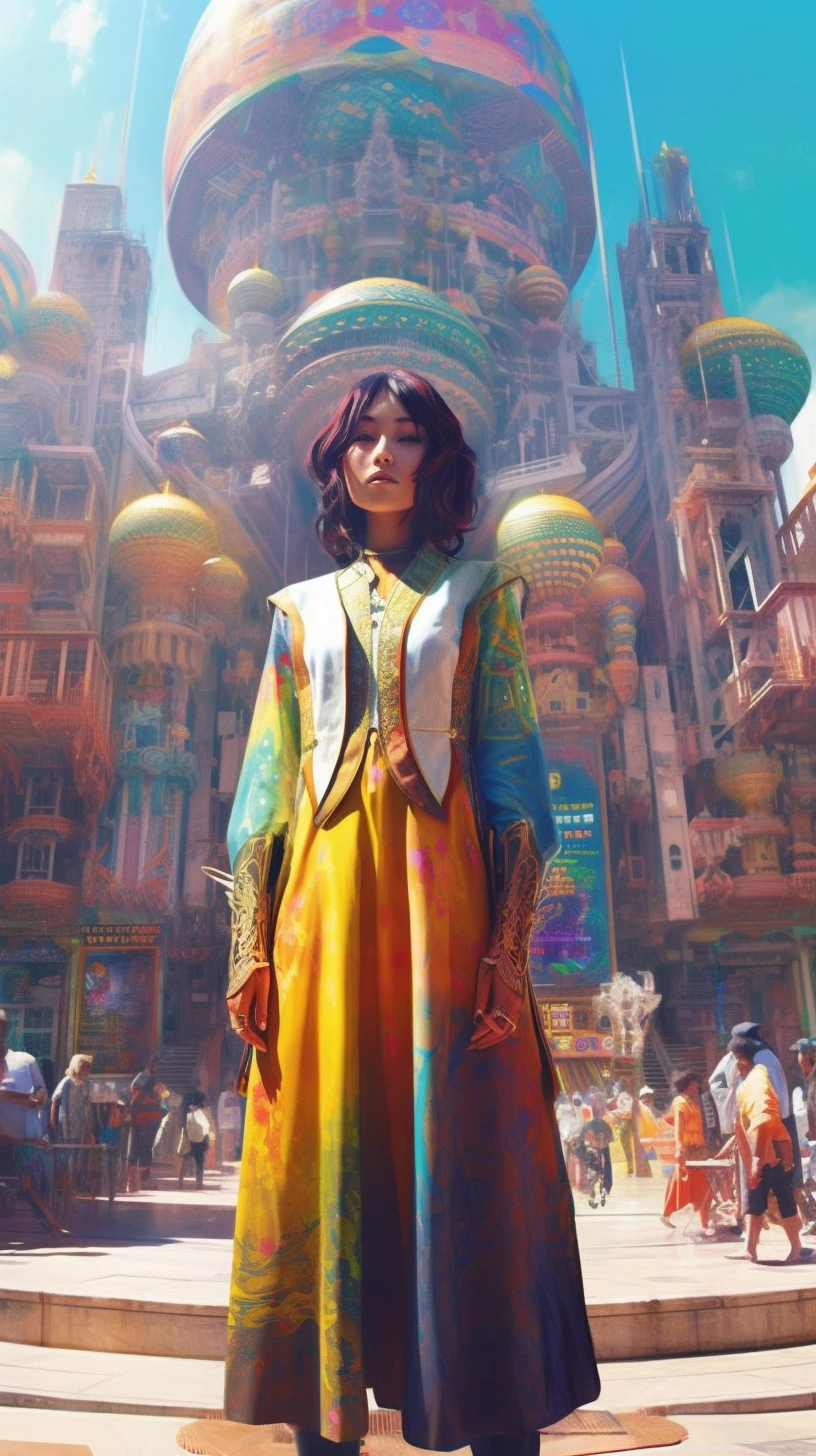 Futuristic Victorian Woman in Zen-Inspired City