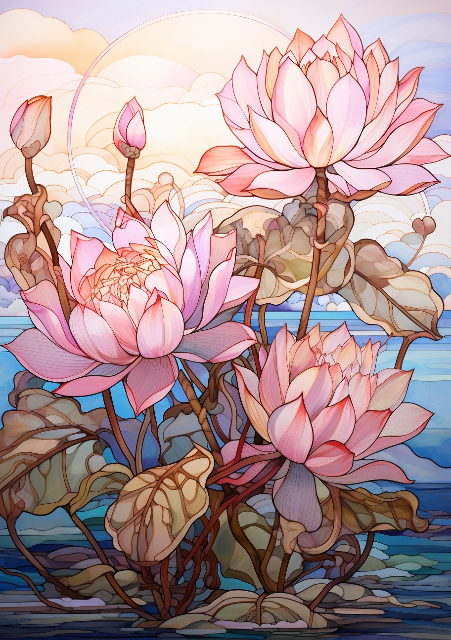 Stunning Watercolor Lotus: Art Nouveau Stained Glass