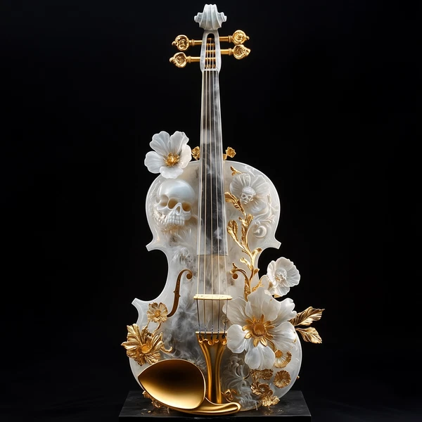 Ornate White & Gold Marble Violin Art