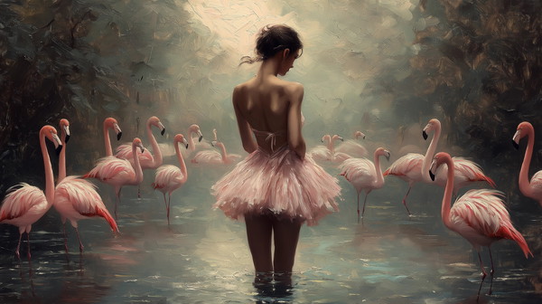 Ballet Dreamscape: Ballerina Among Flamingos