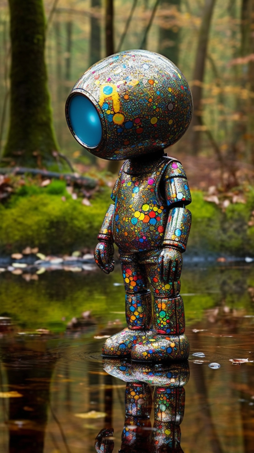 Colorful Metallic Robot in Wet Forest