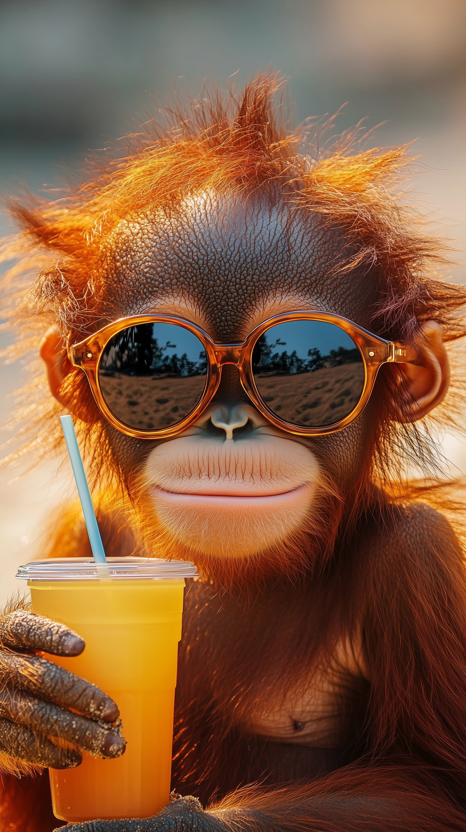 Chill Vibes: Baby Orangutan Sips on the Beach