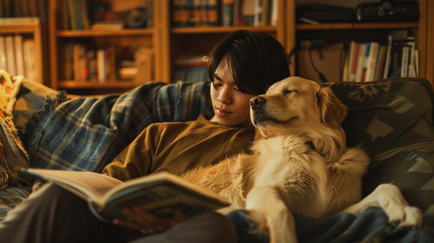 Cozy Moments: Asian Owner and Golden Retriever Snuggling