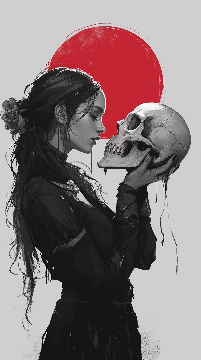 Captivating Gothic Art: Girl's Intense Encounter with Realistic Skull