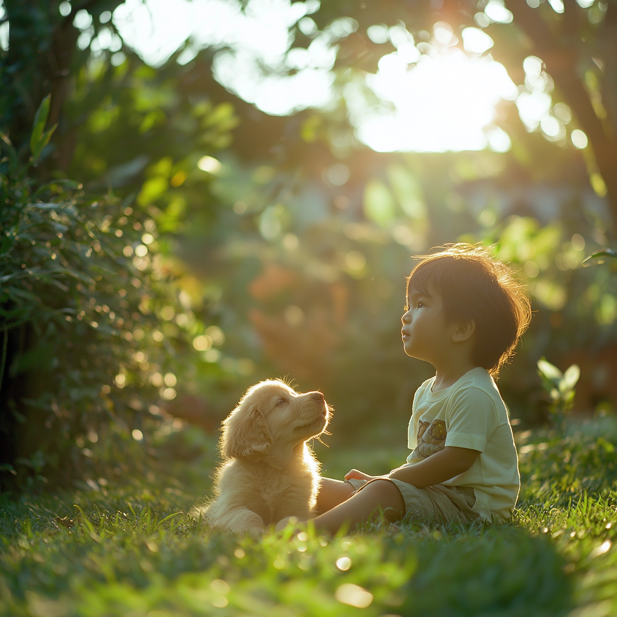 Sunlit Joy: Thai Boy and Puppy in Garden