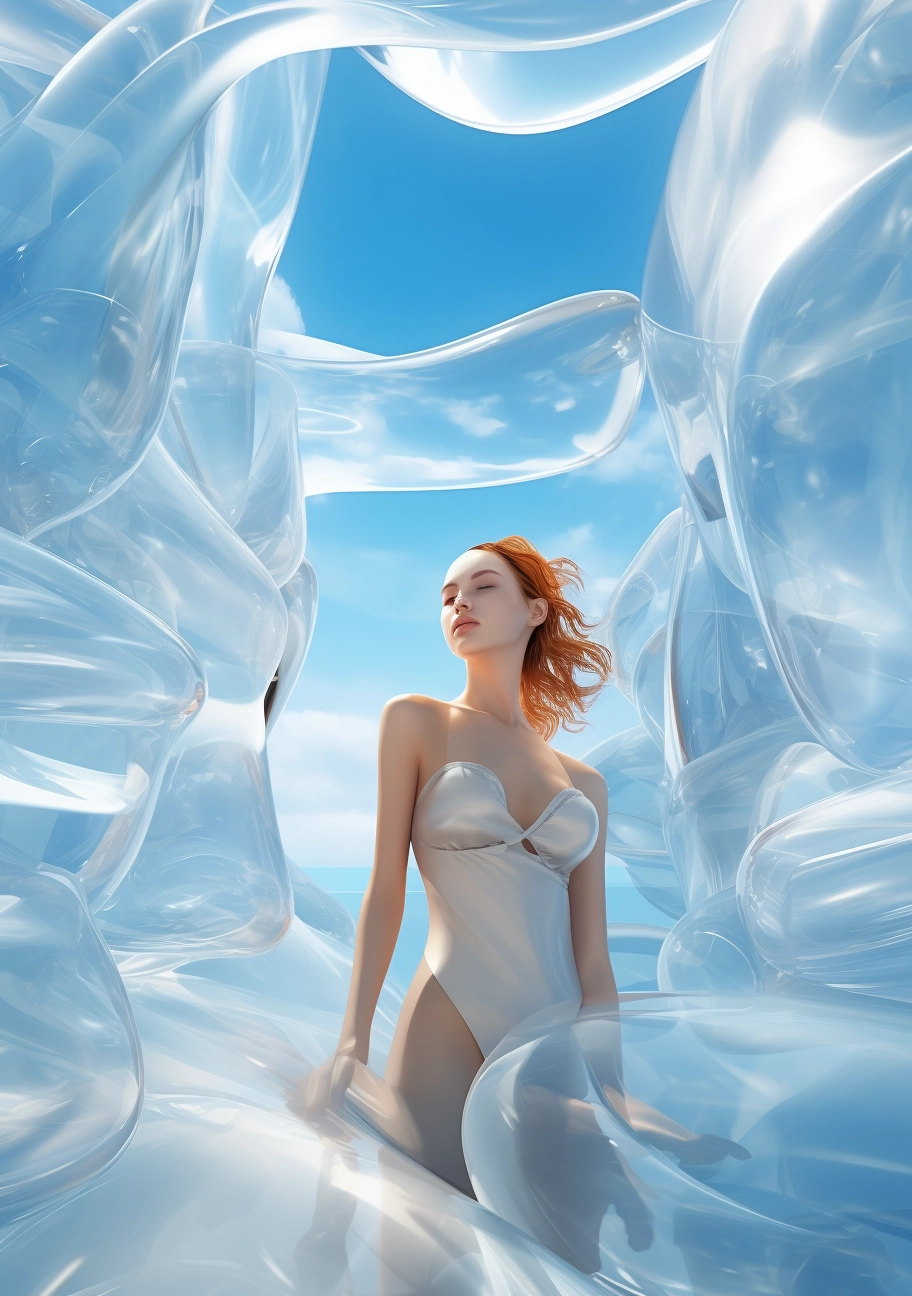 Digital Art Fashion: Transparent PVC with Glass Texture, Water Shining Light Spots, Luxurious Hyperrealism