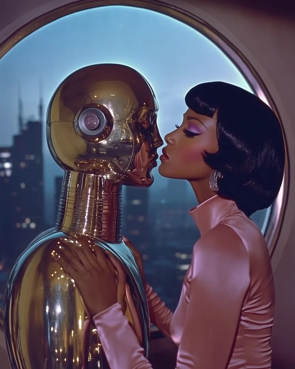 1960s Retro Romance: Model Meets Metallic Robot