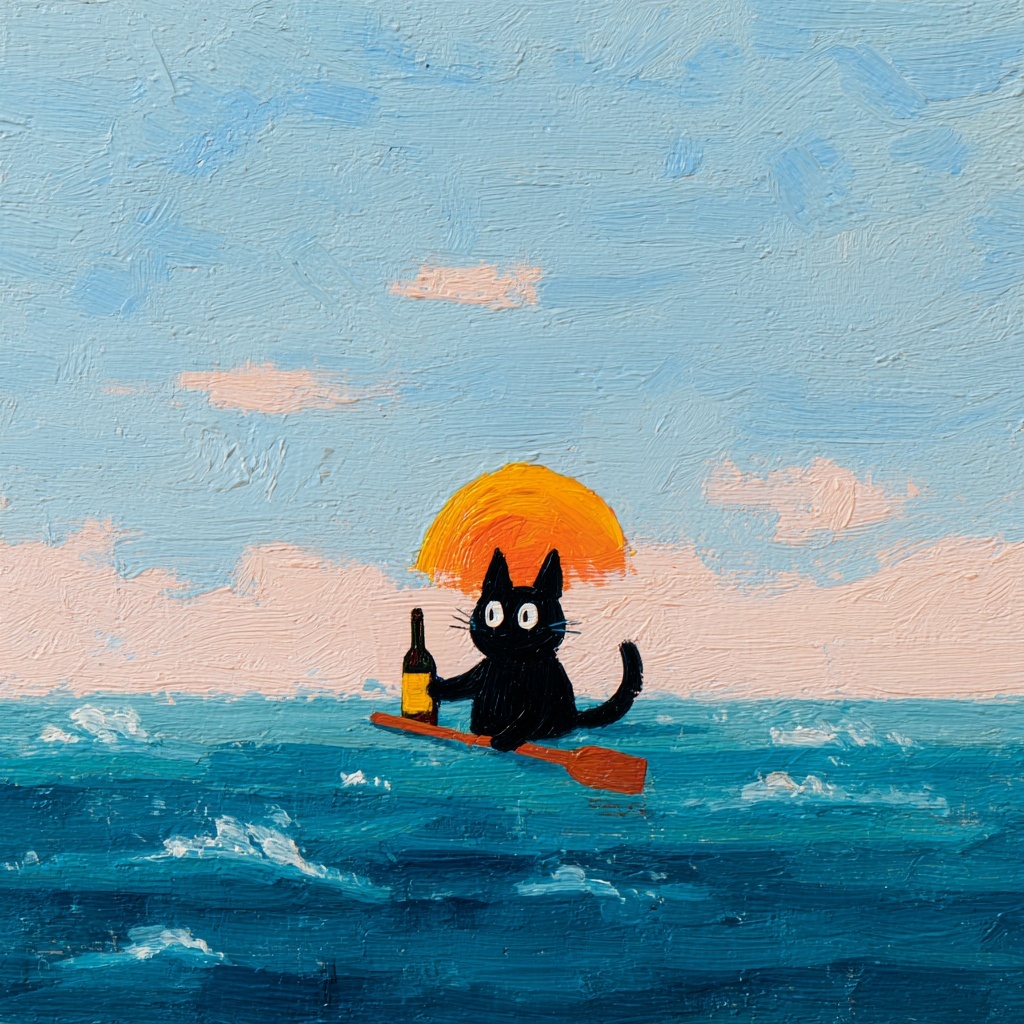 Whimsical Cat Adventure: Wine & Waves