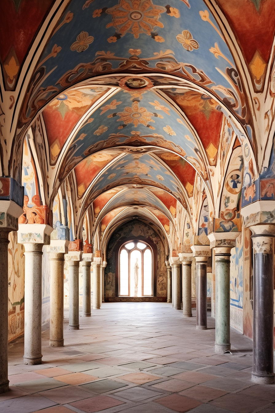 Colorful Romanesque Renaissance Interior: Wall Paintings & Wooden Ceiling