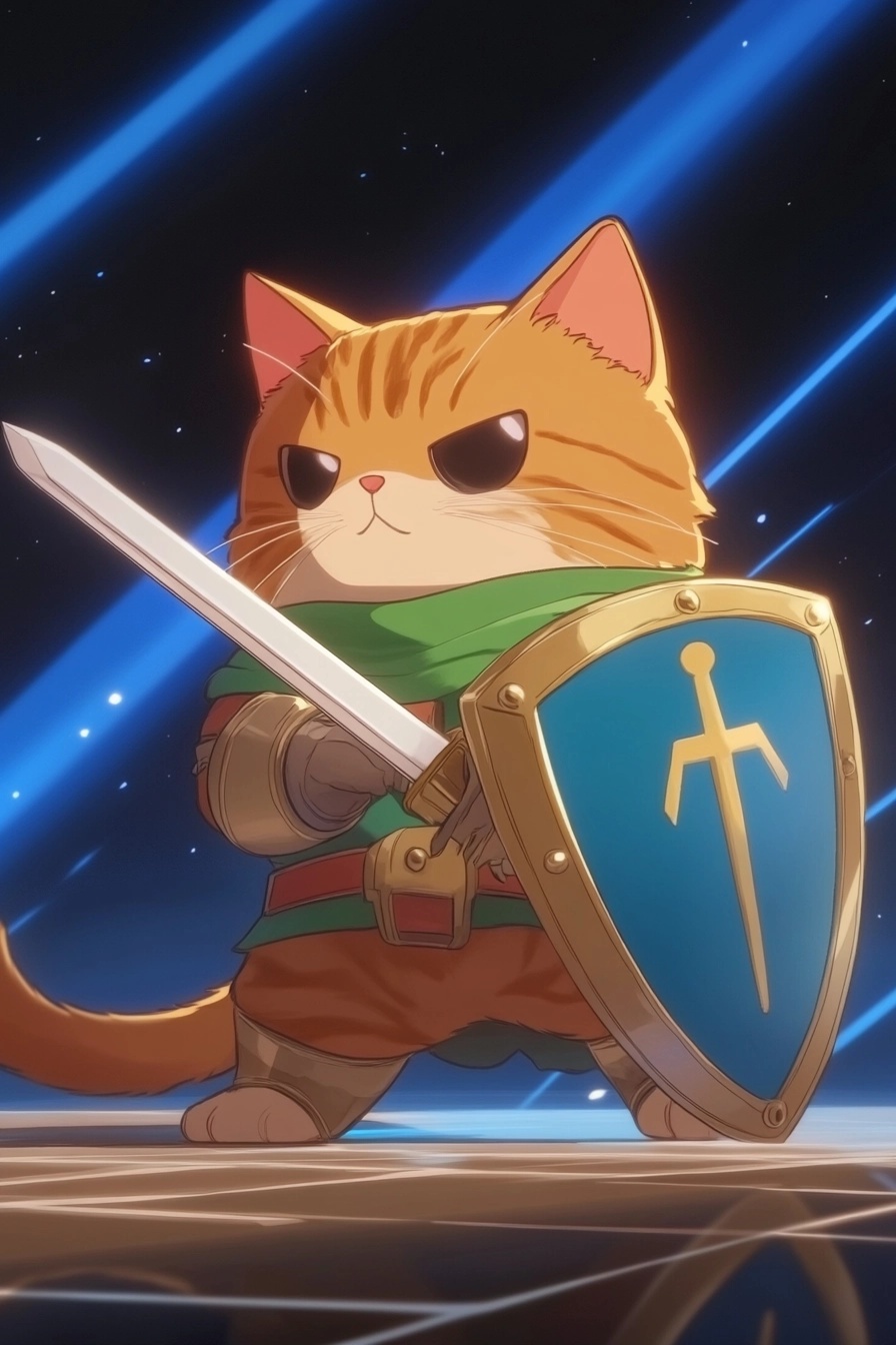 Cute Cat Knight with CRT Sword and Shield