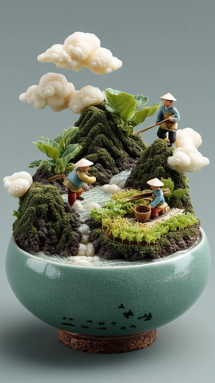 Miniature Chinese Ceramic Bowl Landscape Sculpture