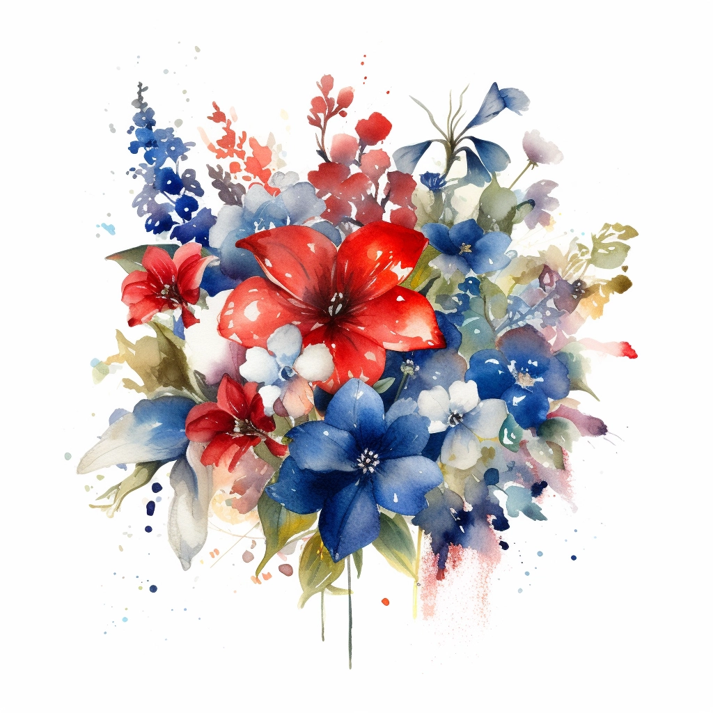 4th of July Floral Bouquet - Patriotic Watercolor Illustration