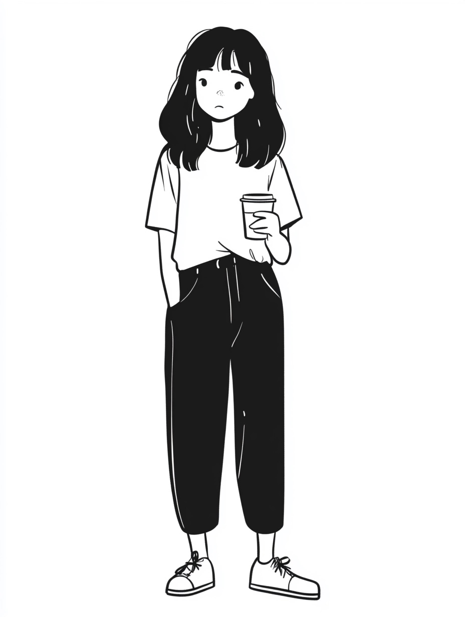 Minimalist Doodle of an Asian Girl with Coffee