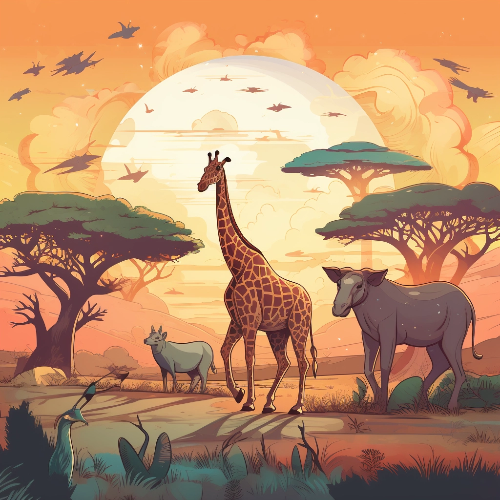 Majestic African Savannah Animals in Dreamwork Cartoon Style