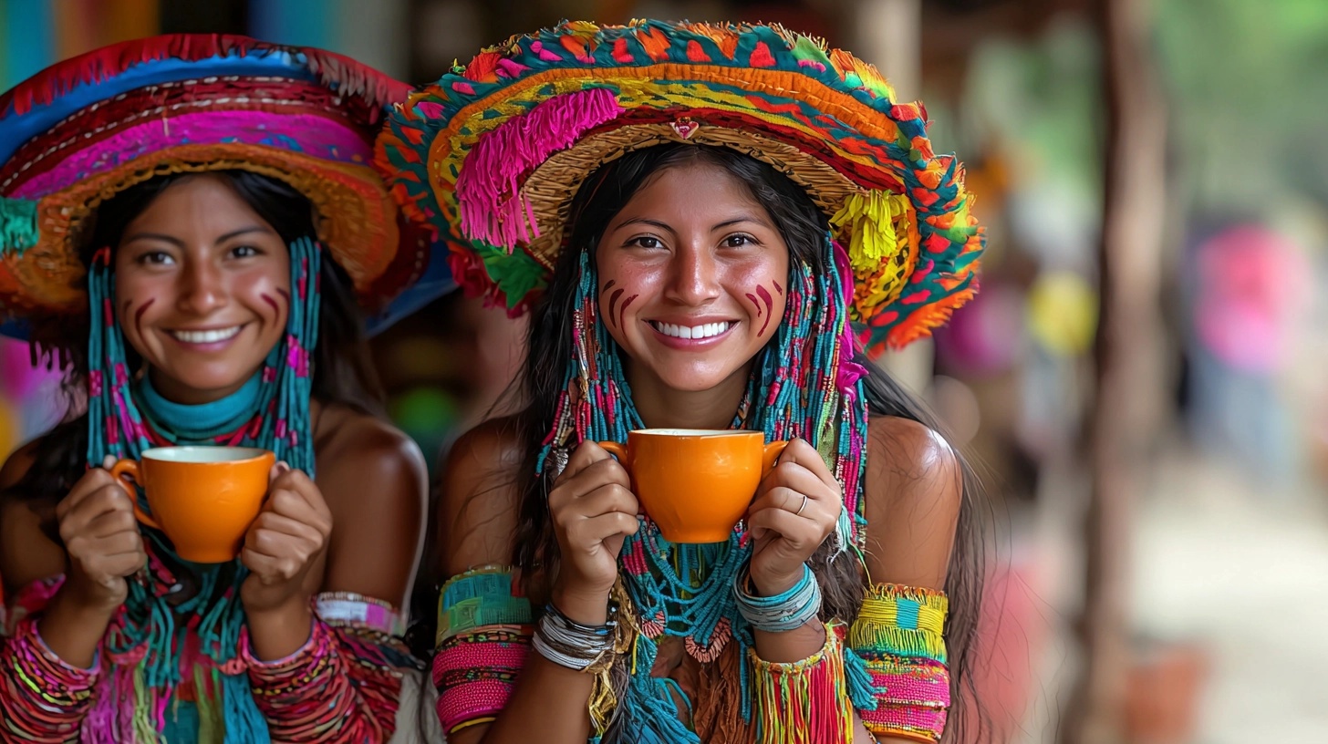 Colombian Women in Traditional Dress Enjoying Coffee