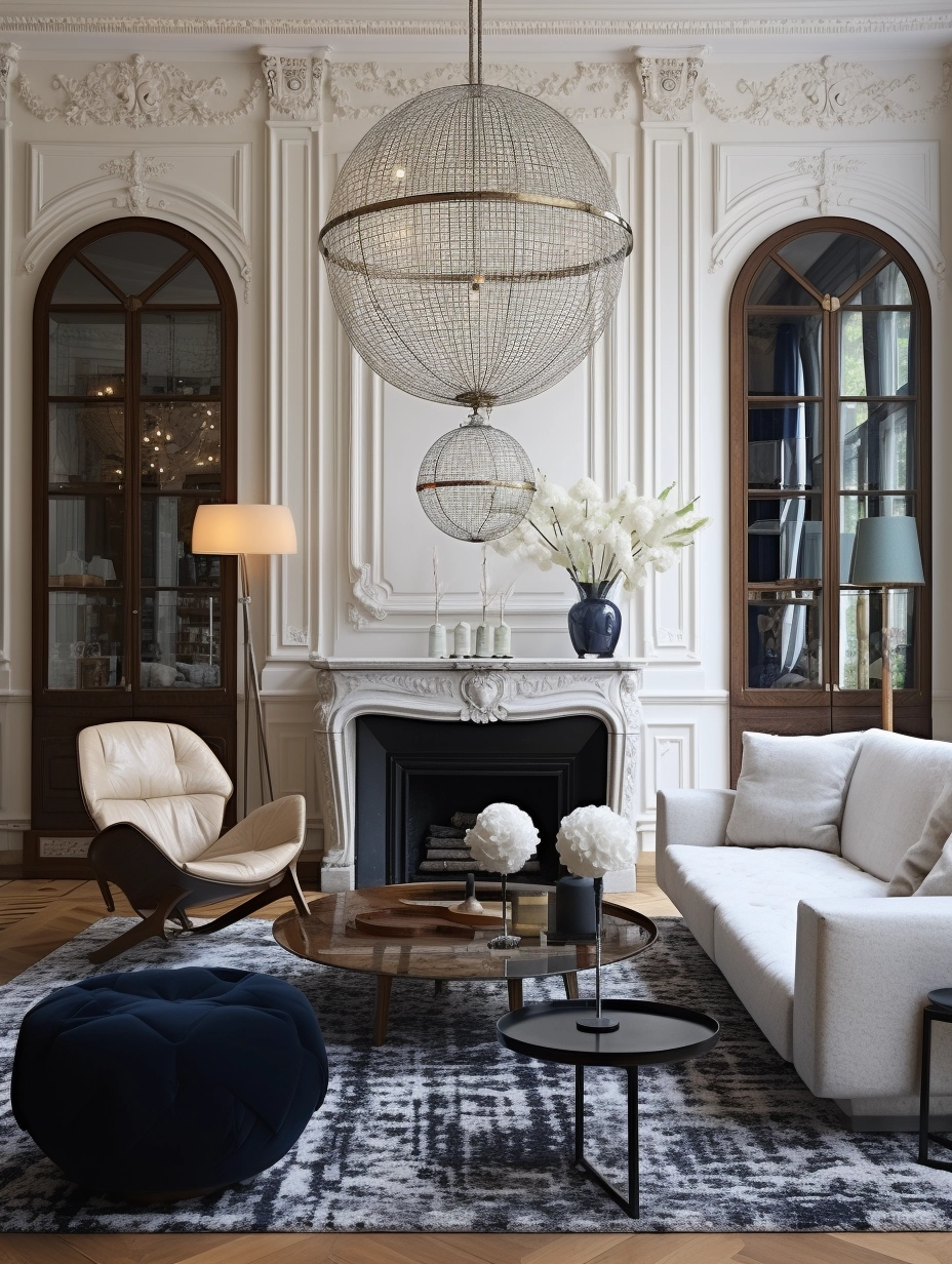 Intricately Sculpted Vintage-Inspired Living Room: White Decor, Black Furniture, Post-WWII Parisian Style