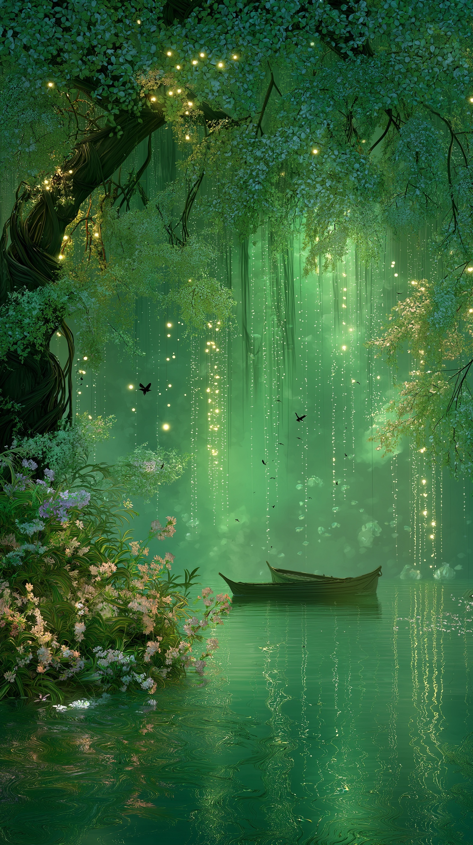 Enchanting Green Garden by a Tranquil Lake