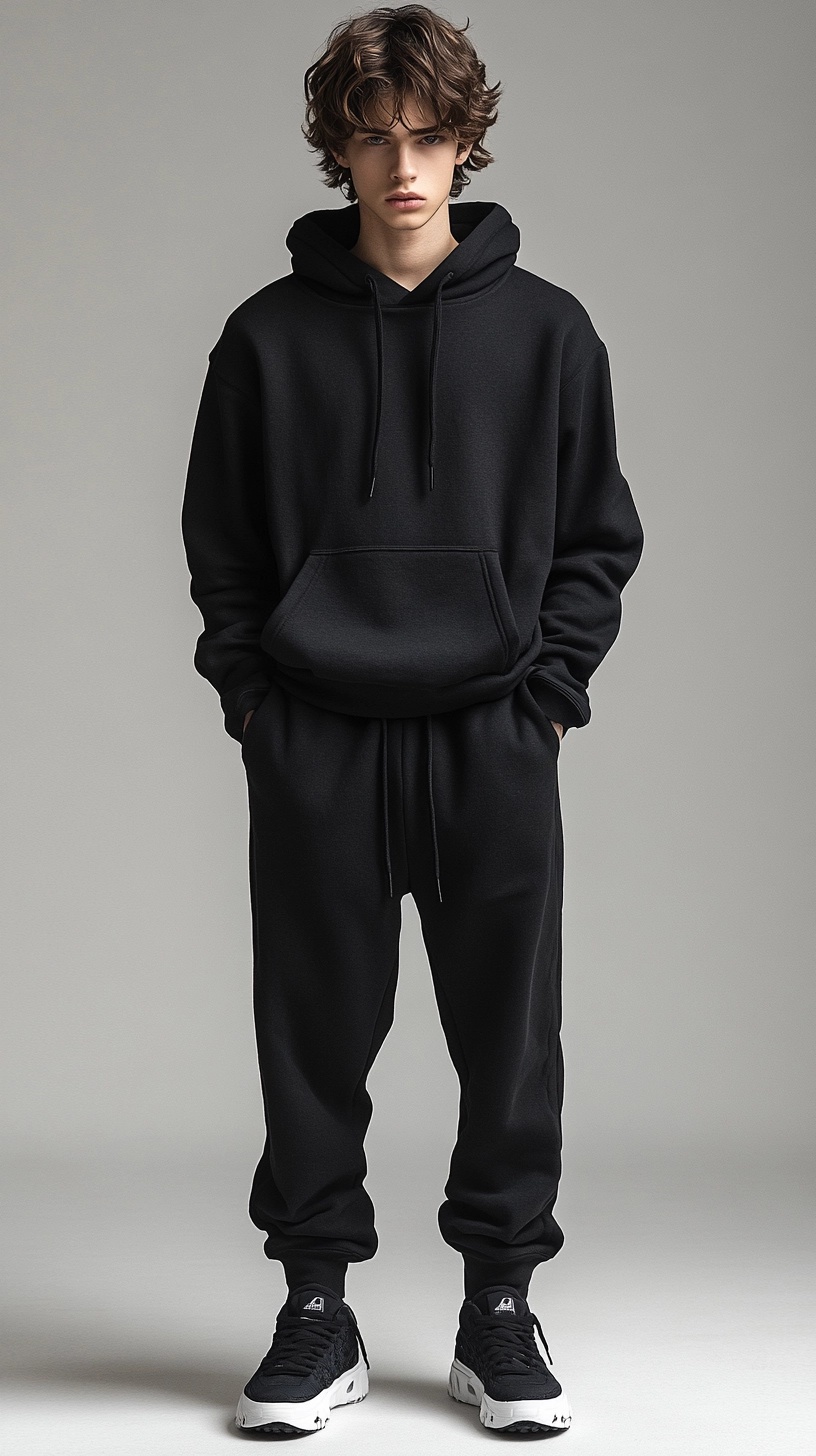 Stylish Male Model in Black Hoodie and Sweat Pants