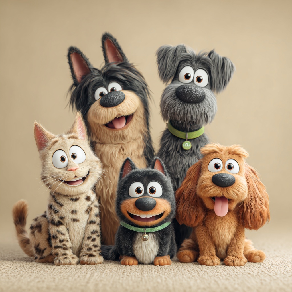 Whimsical Cartoon Pets: Joyful Expressions Await!