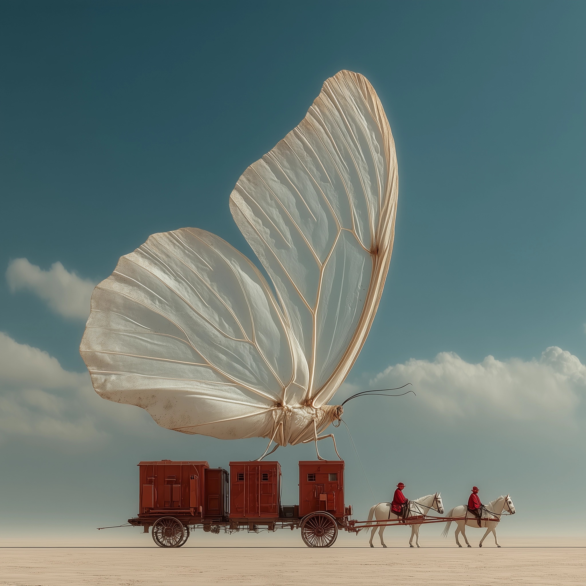 Surreal Sky: Butterfly & Horses in High-Def Art
