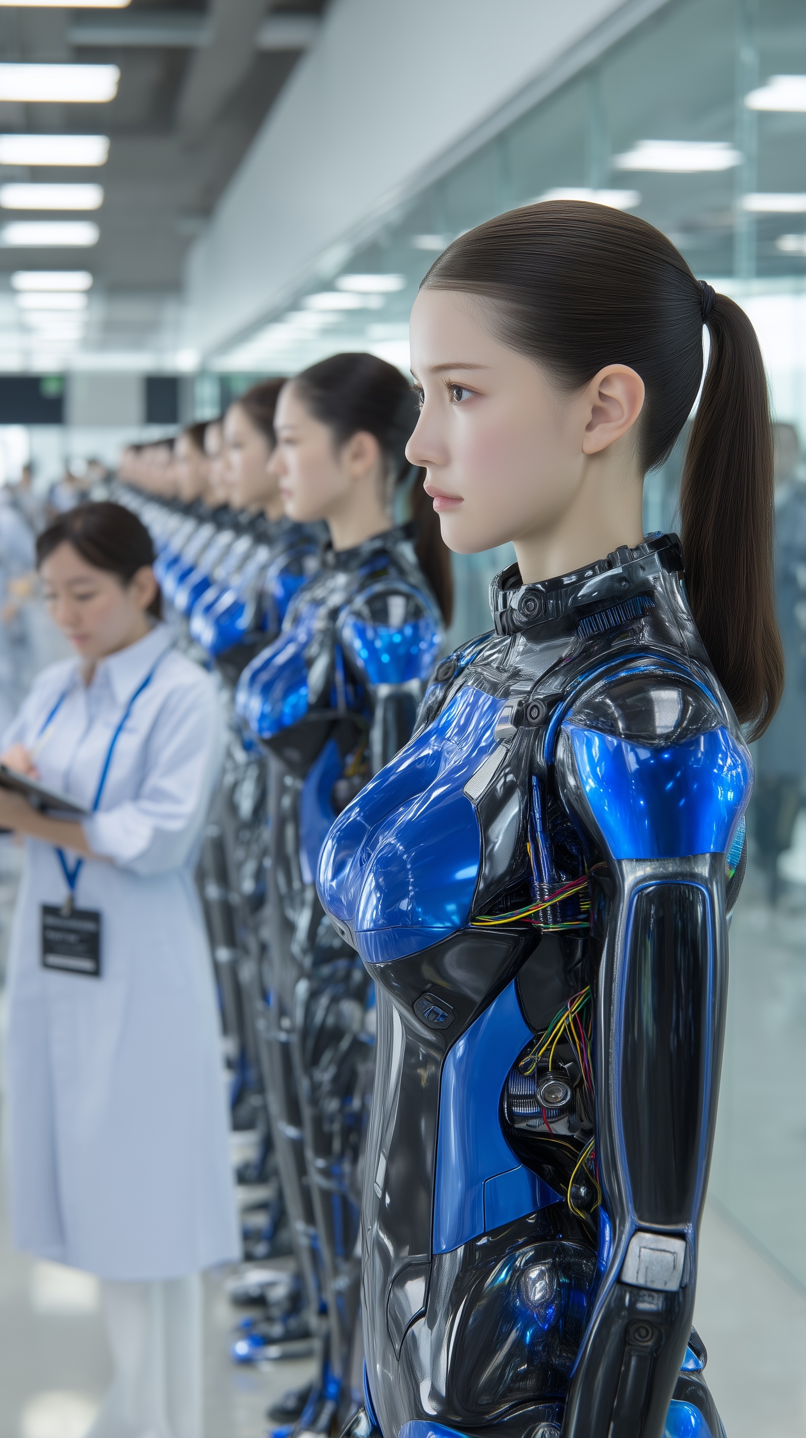Hyper-Realistic Android Cosplay in Inspection Hall