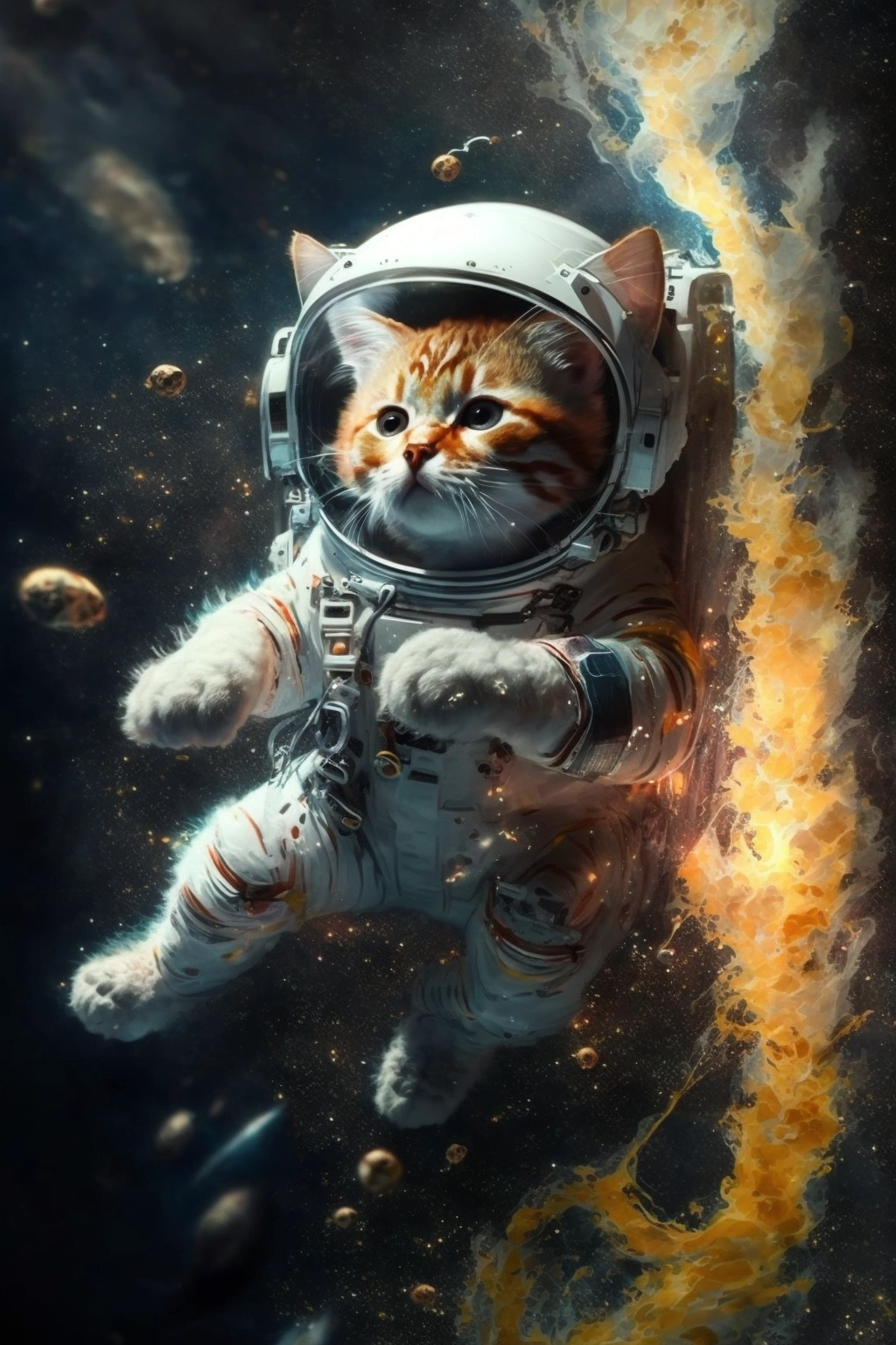 Fluffy Kitten in Space: Neon Watercolor Painting