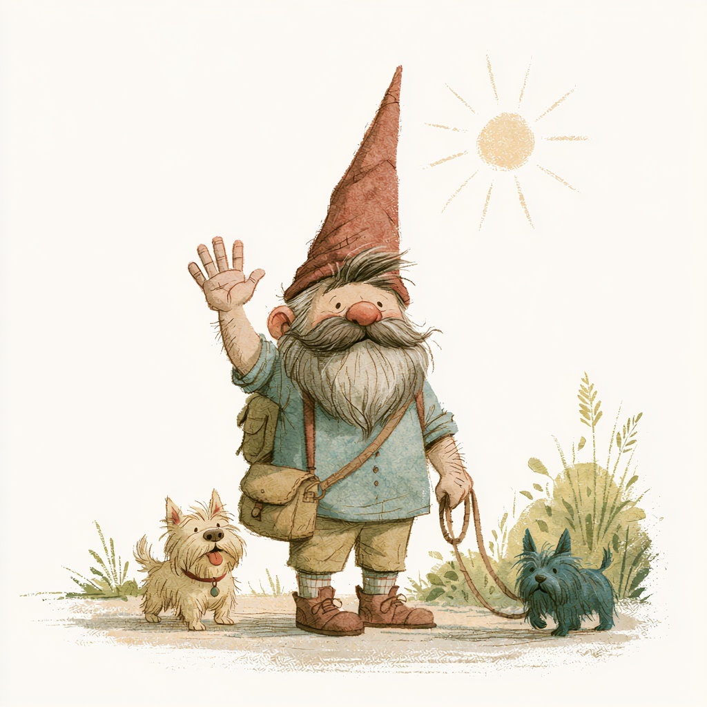 Adorable Gnome and Dog Enjoy Summer Walk