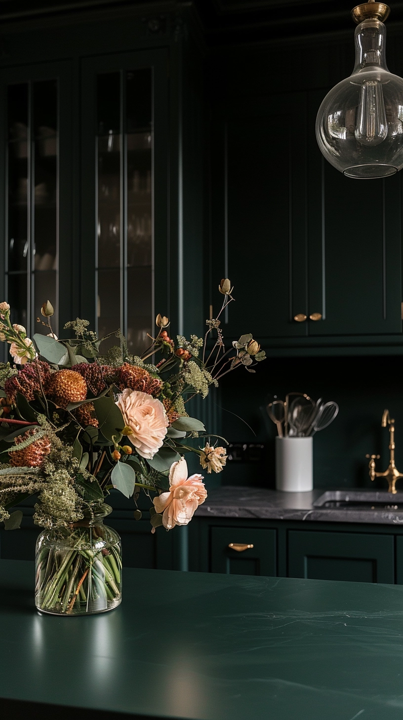 Luxurious Black Kitchen with Emerald Countertops: Homey & Elegant