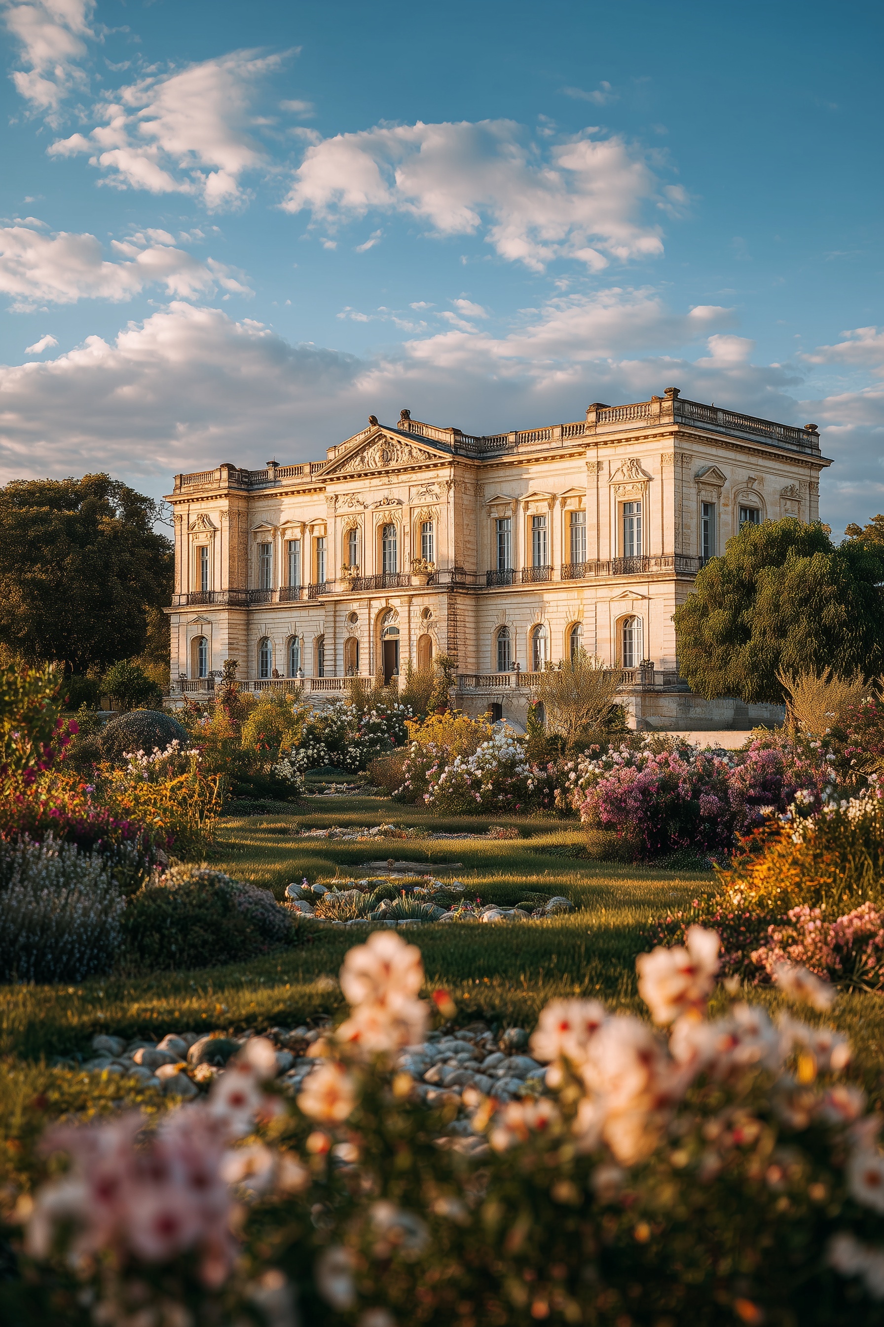 Elegant Neoclassical Mansion Amidst Flower Fields