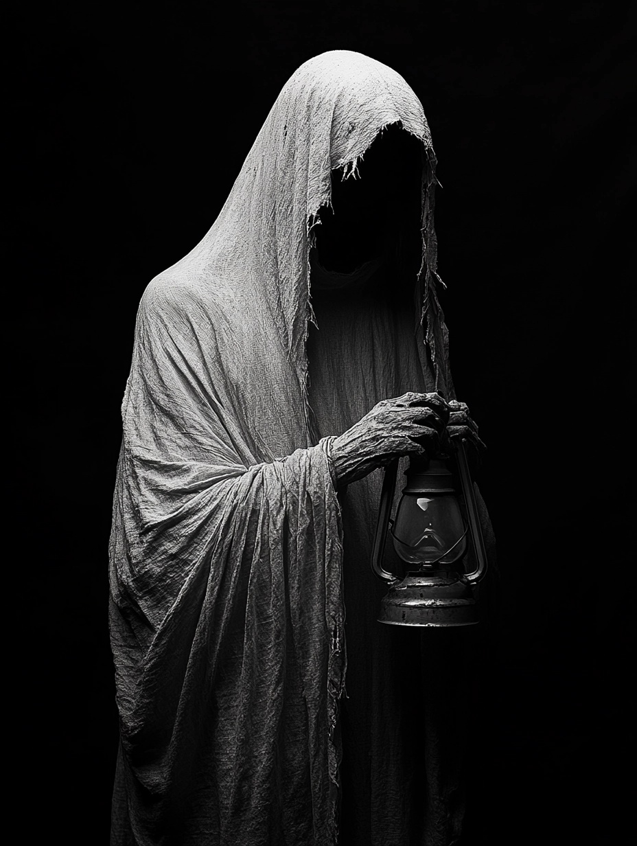 Mysterious Cloaked Figure with Lantern in Shadows